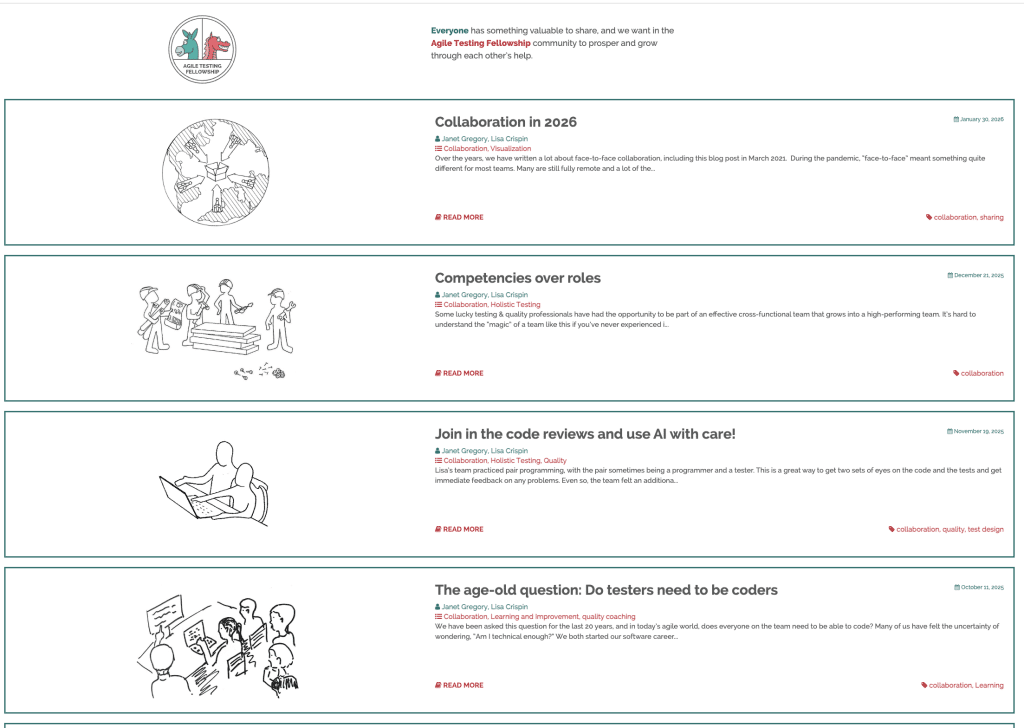 Screenshot of a website listing four blog post previews with hand-drawn illustrations, each covering topics related to agile testing, collaboration, competencies, code reviews, and testers’ coding skills.